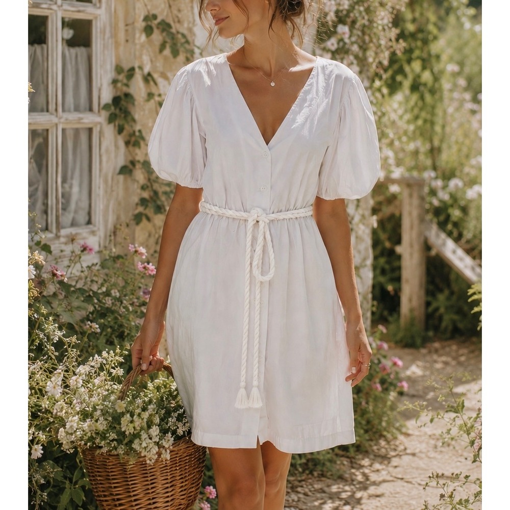 S/W/F Poplin Puff Sleeve Mini Dress with Rope Belt